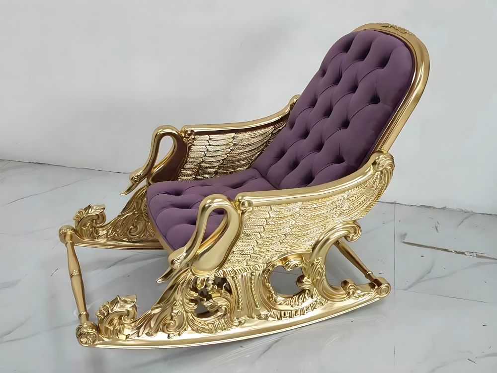Luxurious Gold Royal Rocking Chair with Purple Tufted Cushion – Ornate Swan Design