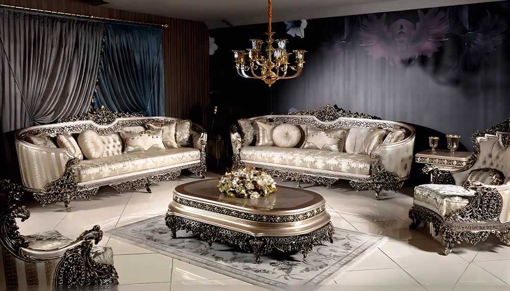 Luxurious Handcrafted Sofa Set with Elaborate Carvings and Rich Brocade Upholstery – Perfect Centerpiece for Elegant Living Rooms