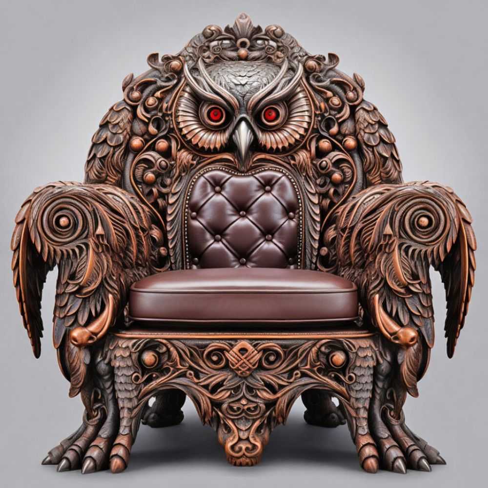 Luxurious Heavily Carved Owl Armchair – Handcrafted Wood Throne with Gothic Detailing and Rich Leather Upholstery