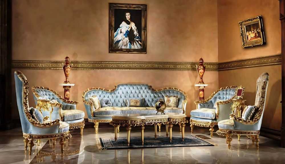 Luxurious Italian Royal Baroque Living Room Set with Blue Velvet Upholstery and Hand-Carved Gold 