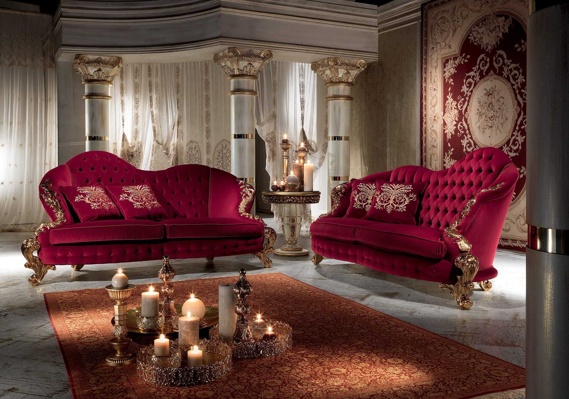 Luxurious Red Velvet Baroque Sofa Set with Intricate Gold Detailing and Grand Decorative Interior Styling