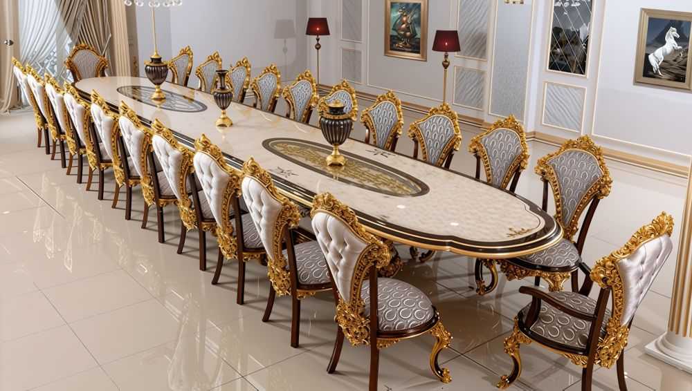 Luxury 22-Seater Dining Table with Hand-Carved Vintage Royal Detailing and Gold Accents