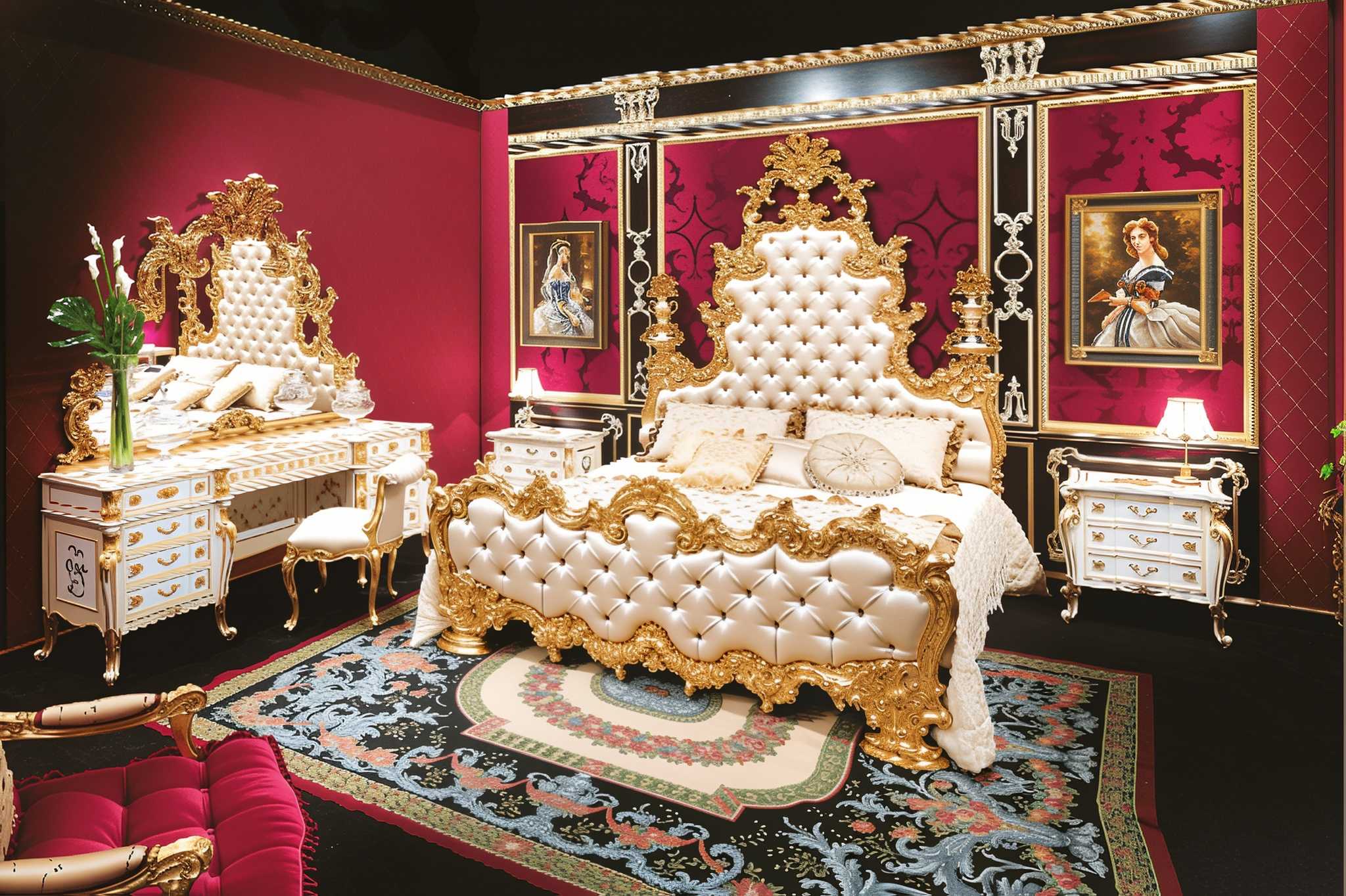 Luxury Baroque Bedroom Set – Italian Majesty Collection, Tufted Headboard & Carved Details