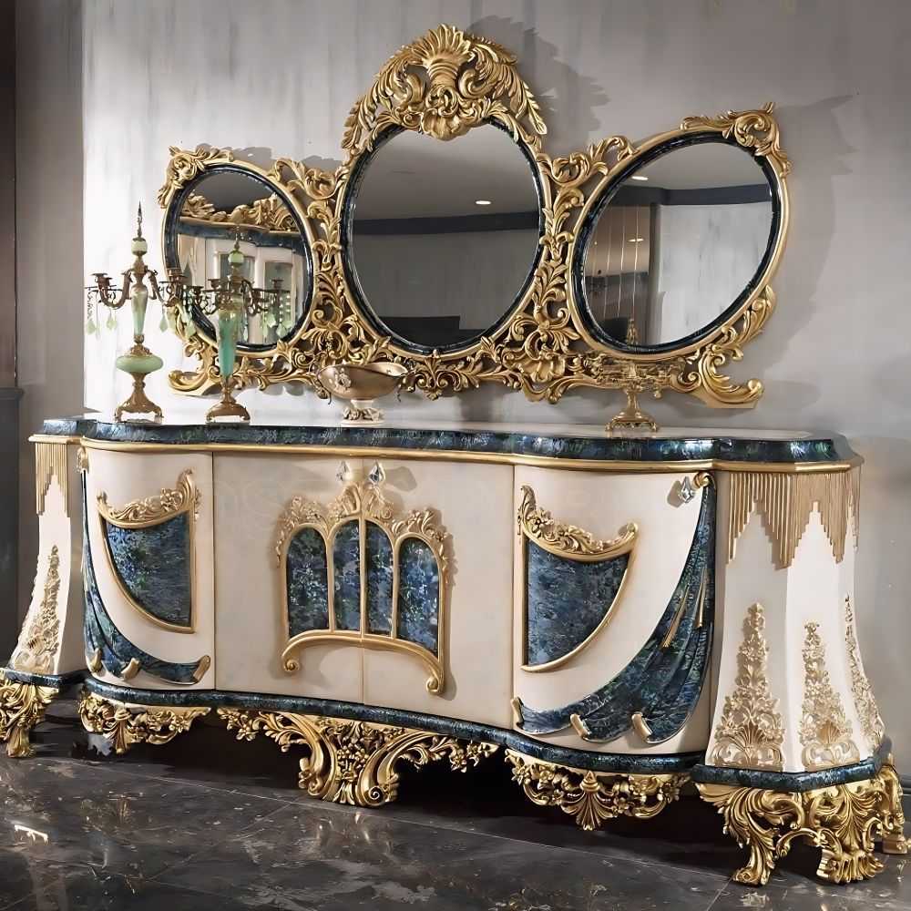 Luxury Baroque Console with Ornate Gold Leaf Detailing, Blue Marble Accents, and Triple Oval Mirrors – Handcrafted Vintage Rococo Style Furniture for Elegant Interior Decor 