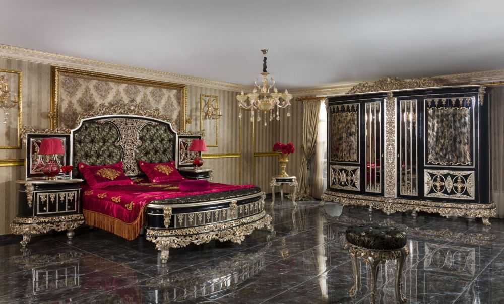 Luxury Black Bedroom Furniture Set with Ornate Gold Carvings and Timeless Baroque Elegance