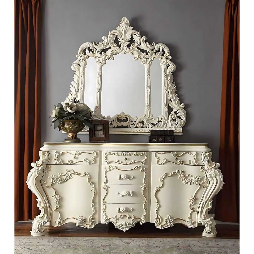 Luxury Cream Console with Mirror – Ornate Hand-Carved European Masterpiece