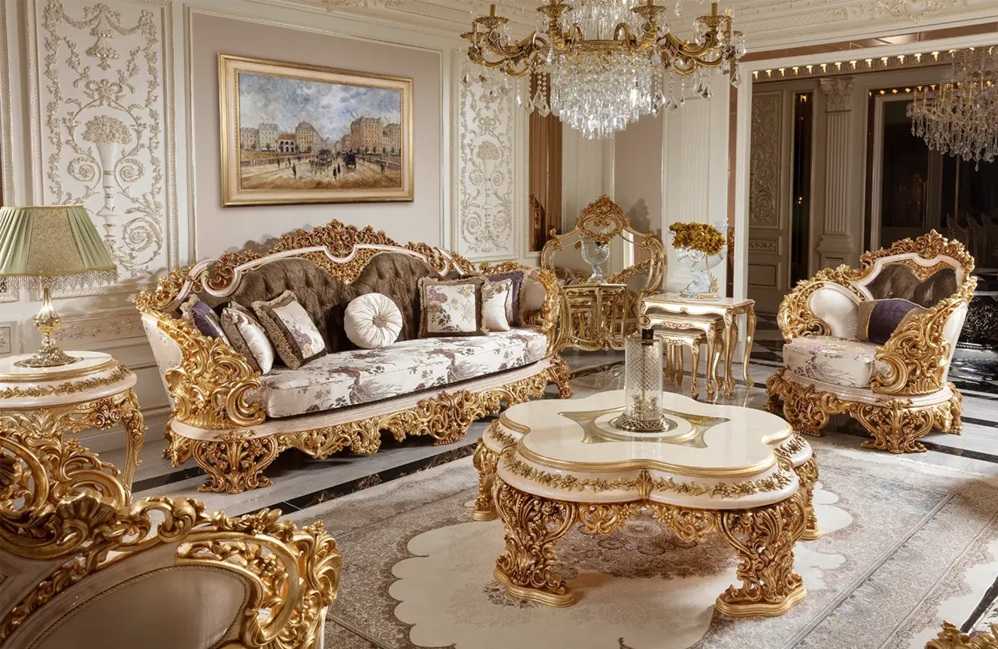 Luxury Heavy Carved Gold And Cream Sofa Set – Regal Design with Intricate Handcrafted Details