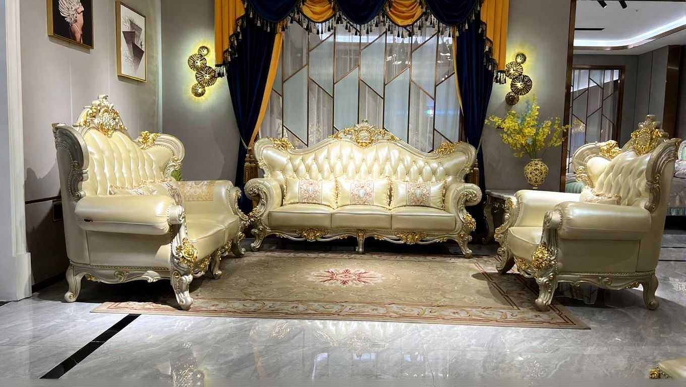 Luxury Italian Royal Sofa Set with Hand-Carved Gold Accents – Premium Leather Upholstery and Elegant Baroque Design for High-End Living Rooms