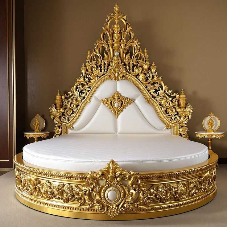 Luxury Round Bed with Gold Ornate Frame and White Upholstery – Elegant Baroque Design for Royal Bedrooms