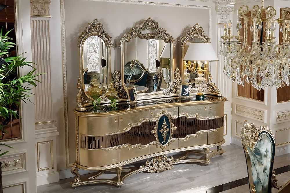Luxury Royal Gold Console Table with Hand-Carved Ornamental Details and Beveled Matching Mirror – Elegant European-Inspired Design