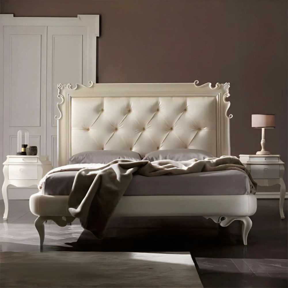 Luxury Tufted Bed in Vintage White – Victorian Colonial Bedroom Furniture