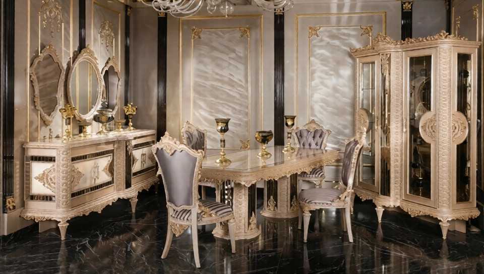 Luxury Victorian-Baroque Fusion Dining Set Featuring Sculpted Gold Ornamentation Handcrafted Buffet Console With Mirrored Trims And Royal Glass Vitrine