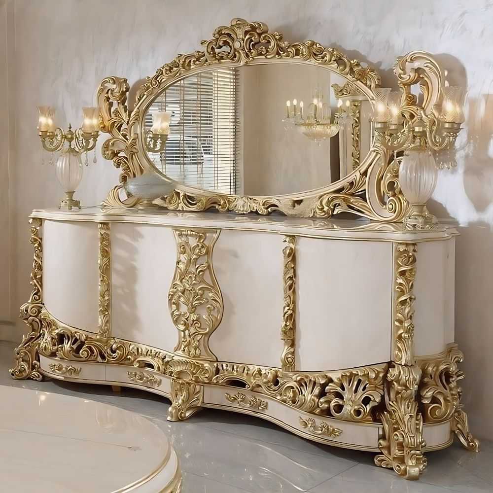 Luxury Victorian Console Table with Ornate Framed Mirror – Designer Gold Leaf Detailing and High-End Craftsmanship