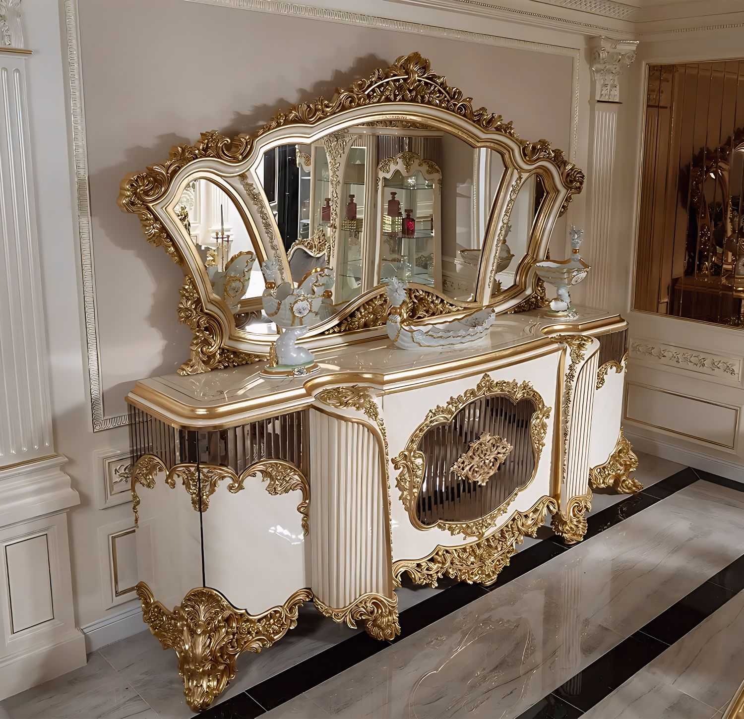 Majestic Gold Carved Luxury Console Table with Handcrafted Baroque Detailing and Gloss Finish