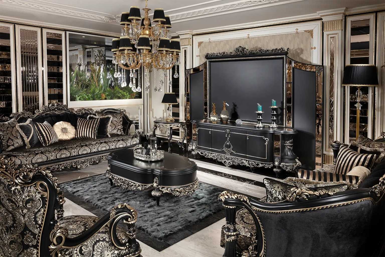 Matte Black Luxury Sofa Collection with Hand-Engraved Silver Details – A Perfect Blend of Modern Design and Classic Craftsmanship