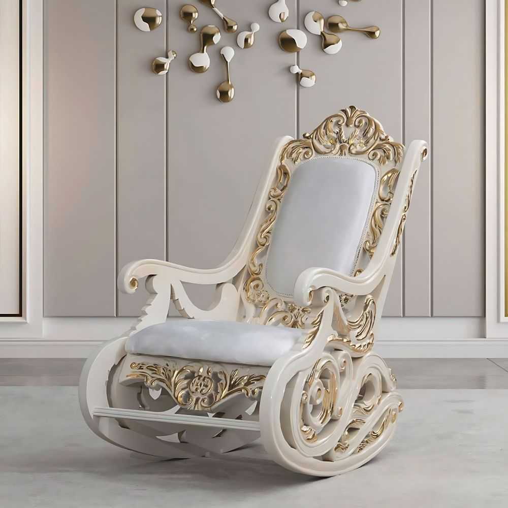 Premium Baroque Rocking Chair – Hand-Carved White Frame, Gold Embellishments & Velvet Upholstery