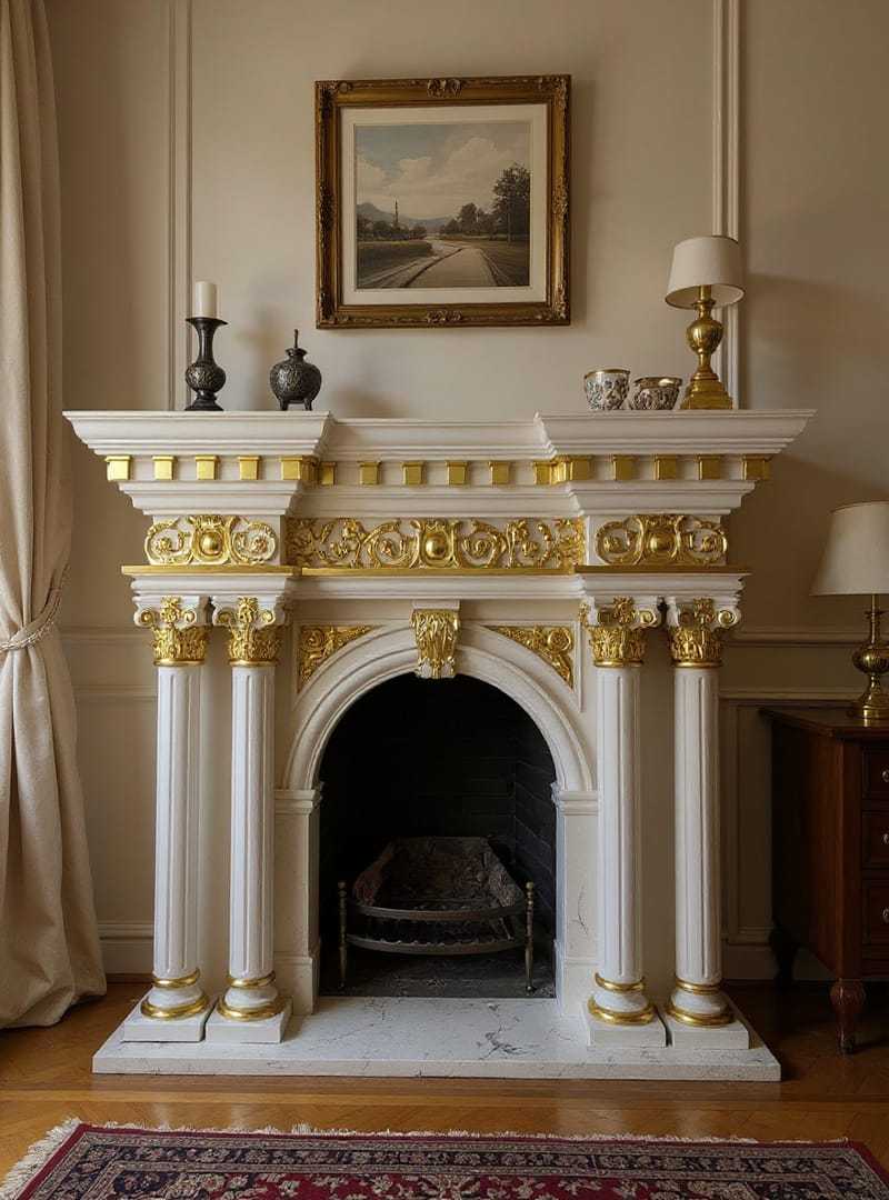 Round Columns Wooden Luxury Baroque Fireplace Mantel with Gold Leaf Accents
