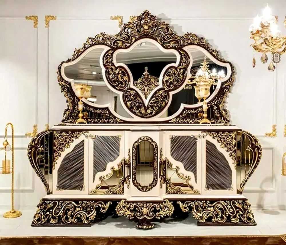 Royal Black and Cream Baroque Console and Gilded Mirror Set – Luxurious Handcrafted European Decor 
