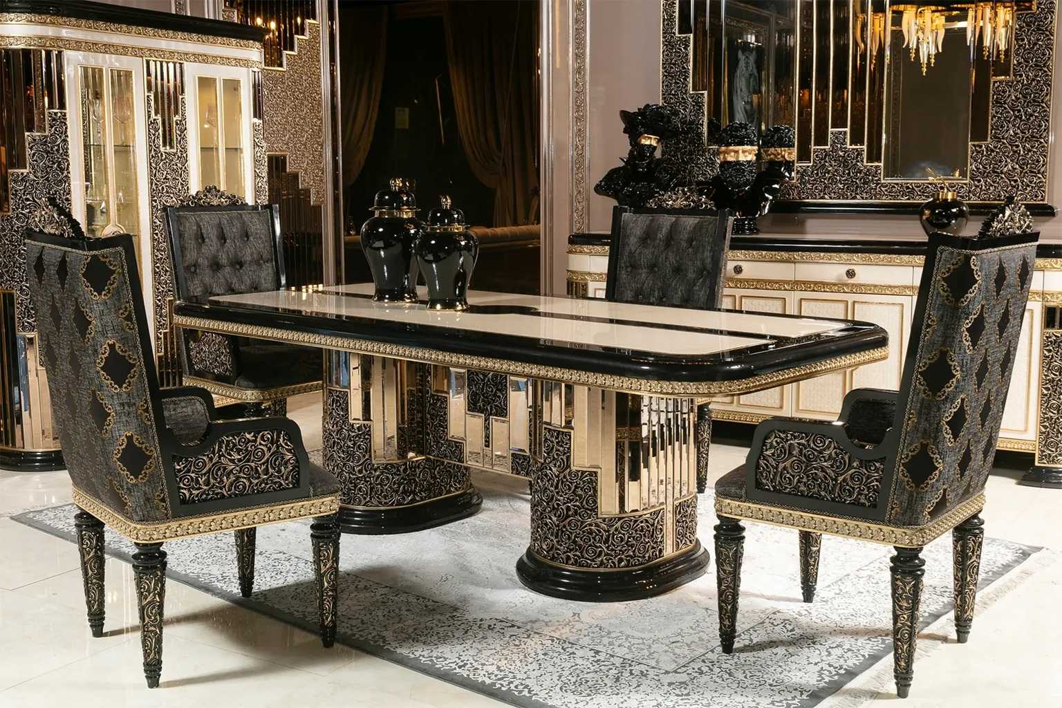 Royal Collection Black And  Gold Dining Set – Lavishly Carved 6-Seater Table with Gold Inlays, Mirror Finish, and Designer Tufted Chairs
