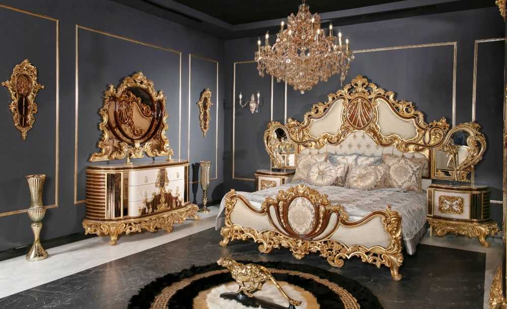 Royal Italian Baroque Bed with Imperial Crest Carvings Opulent Gold Ornamentation And Mastercrafted Classic Upholstery