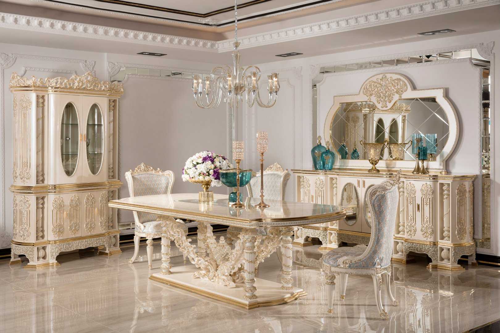 Royal Ivory-Gold Carved Dining Room Set with Ornamental Pedestal Table, Elegant Upholstered Chairs, Grand Buffet Mirror And Decorative Curio Cabinet