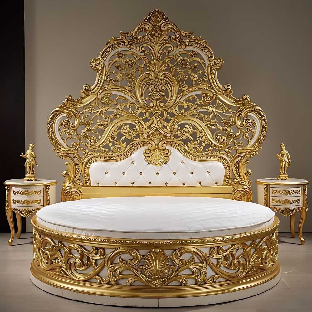 Royal Round Bed with Lavish Full Gold Carvings and Sumptuous White Upholstery – Ornate Baroque Masterpiece for Elite Luxury Interiors