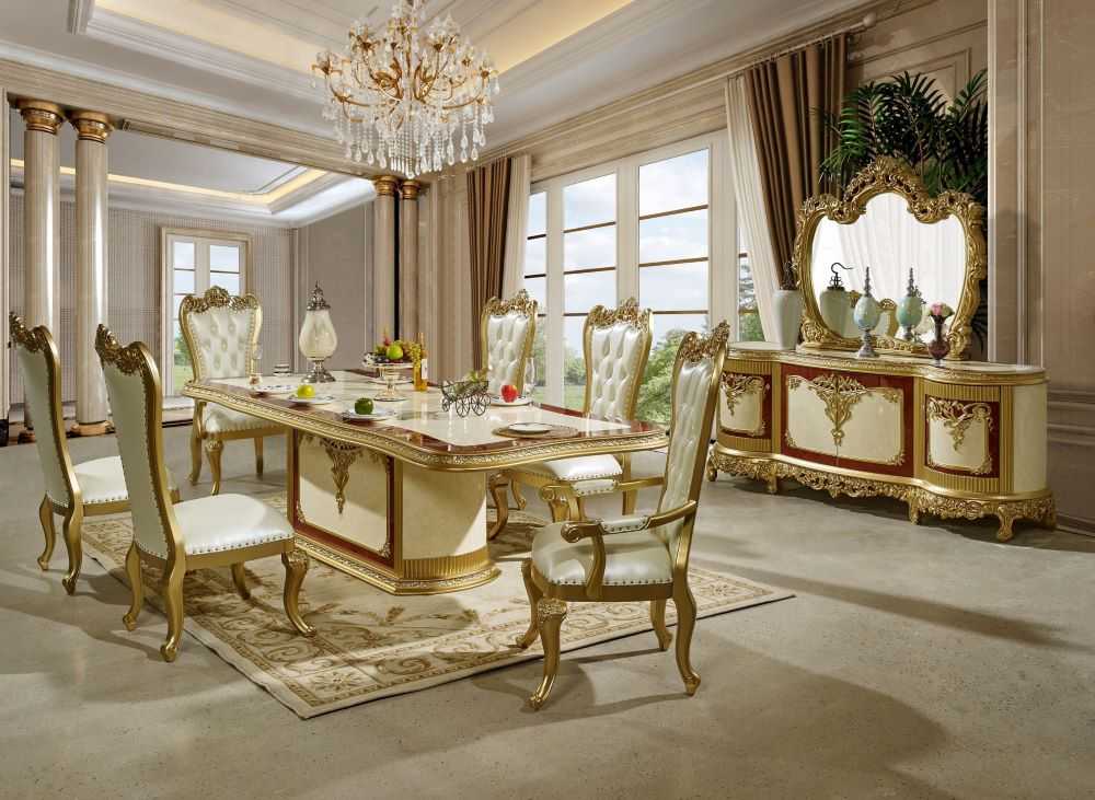Regal 8 Seat Ornate Solid Wood Dining Set with Upholstered Crystal-Tufted Chairs