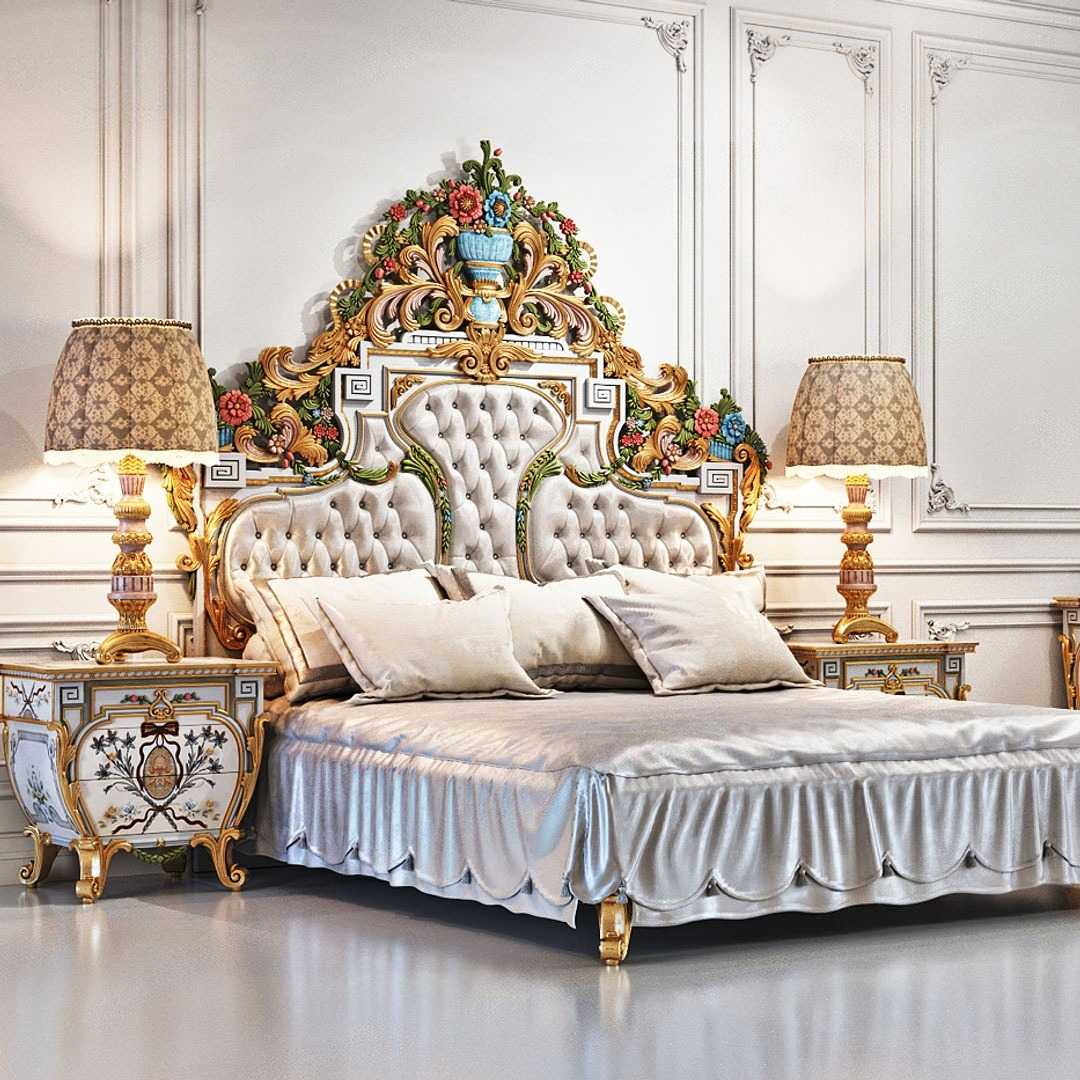 Traditional Hand-Painted Headboard with Heavy Floral Carving – Luxurious Antique Bed Design
