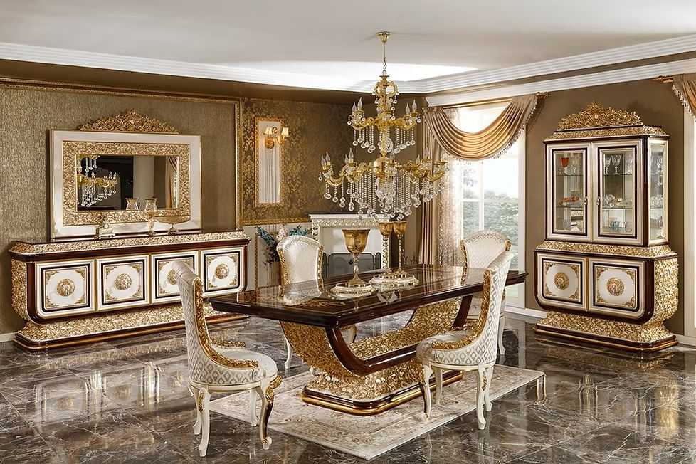 Ultra Luxury Emperor Heritage Dining Ensemble Detailed with Deep Carved European Motifs, Majestic Golden Highlights And Elite Royal Chairs