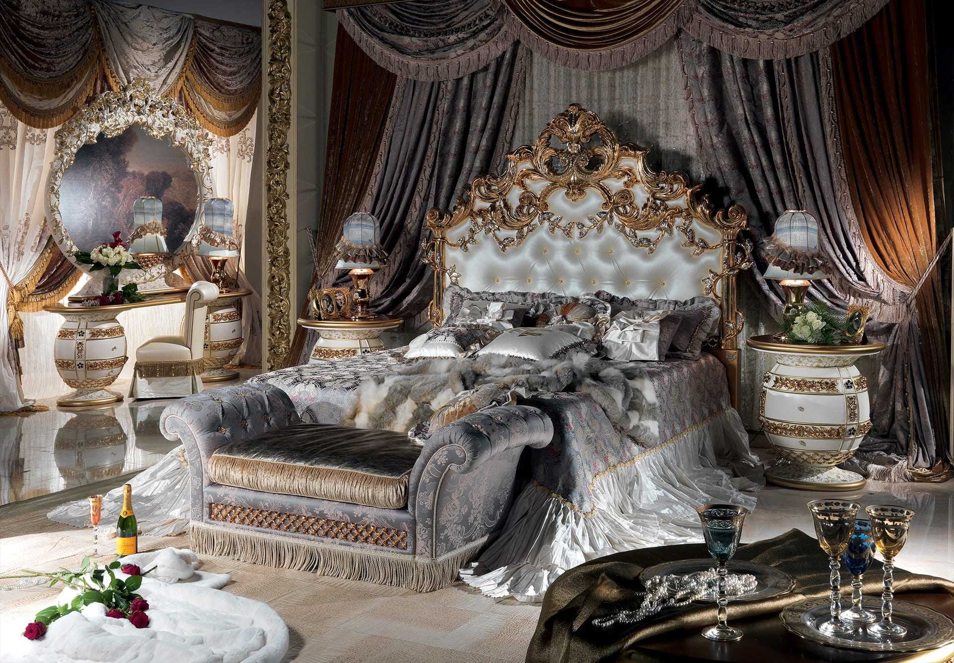 Ultra Luxury Imperial Baroque Bedroom Set with Grand Sculpted Headboard Ornamental Gold Leaf Carvings And Opulent Drapery Architecture