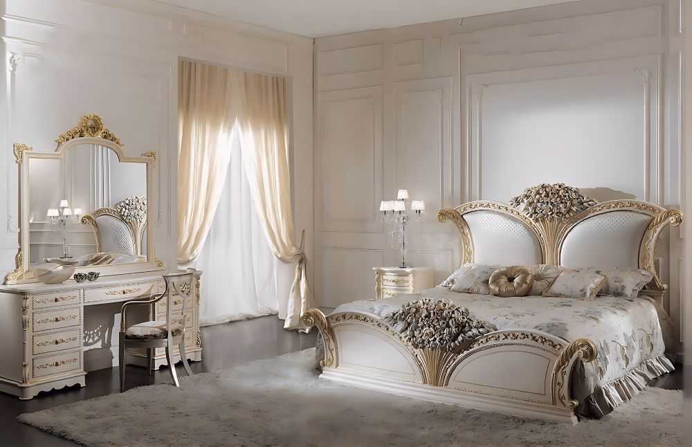 Ultra-Luxury Imperial Floral Royale Bedroom Set with Hand-Carved Baroque Crowns, Pearl-Tufted Panels And  Grand Vanity Ensemble
