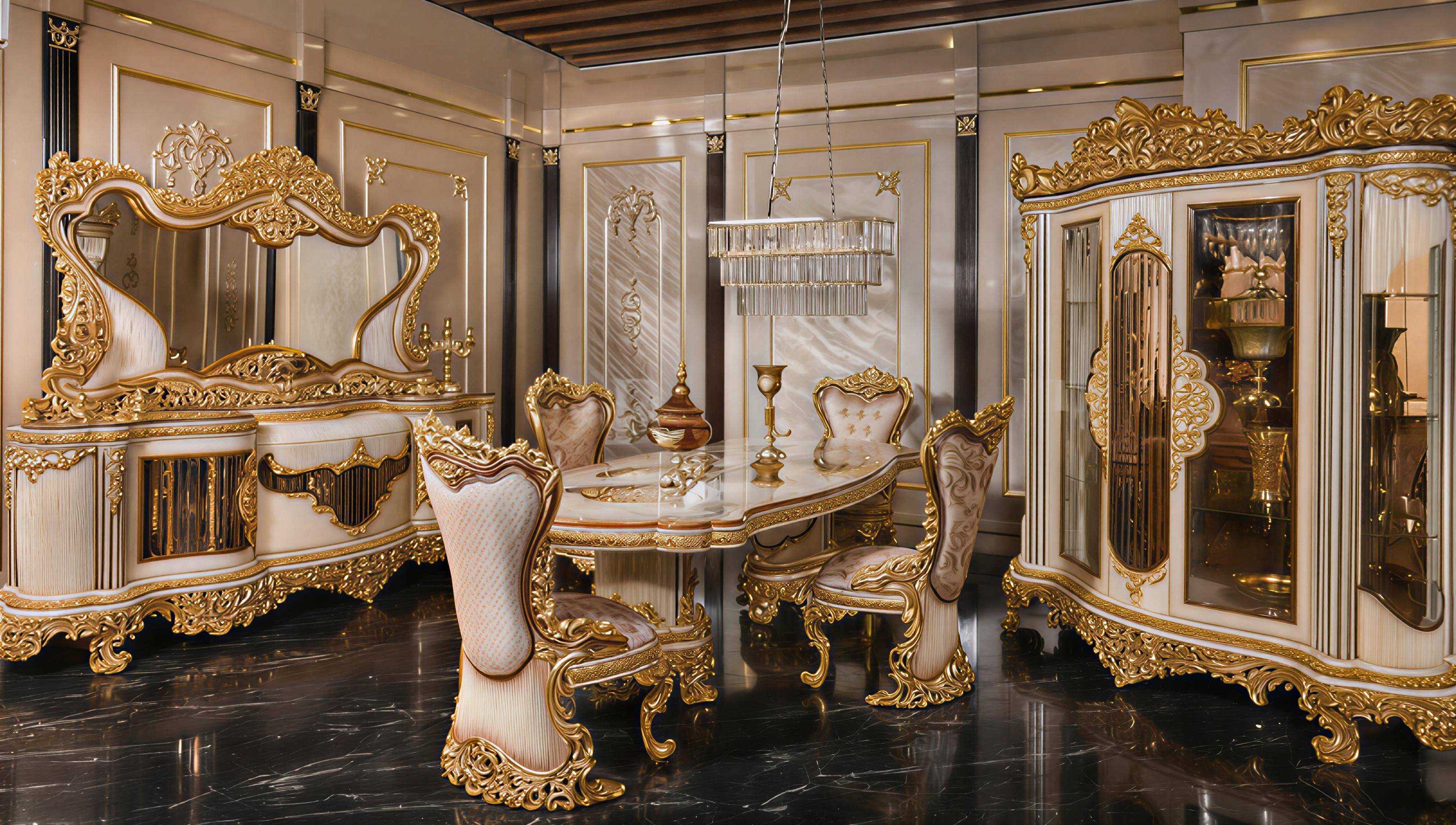 Ultra-Premium European Royal Dining Set with Heavy Gold Carving, Handcrafted Display Cabinet And Marble Finished Dining Table