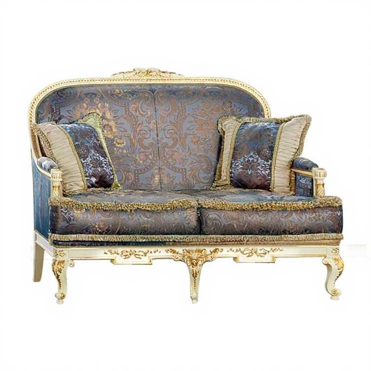 Victorian-Style Love Seat – Luxurious Fabric with Antique Wood Accents