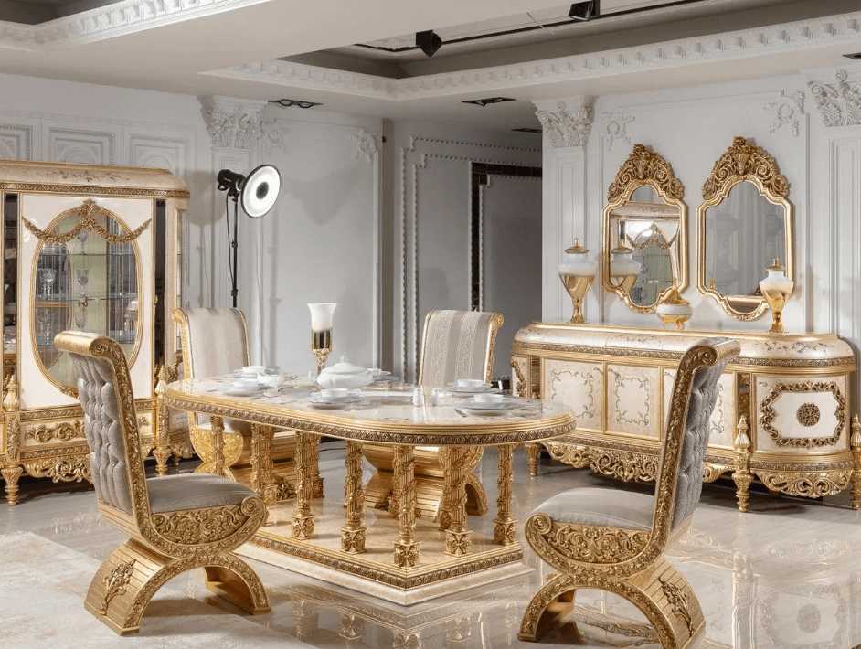 White & Gold Carved 6-Seater Dining Set | Elegant Royal Design