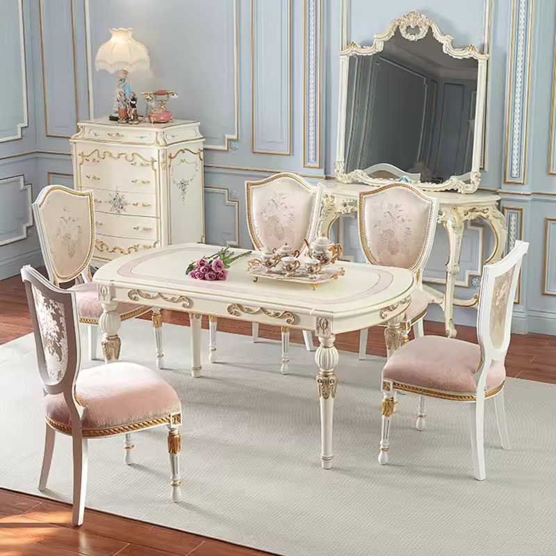White and Pink European Design Solid Wood Dining Table 6 Seater